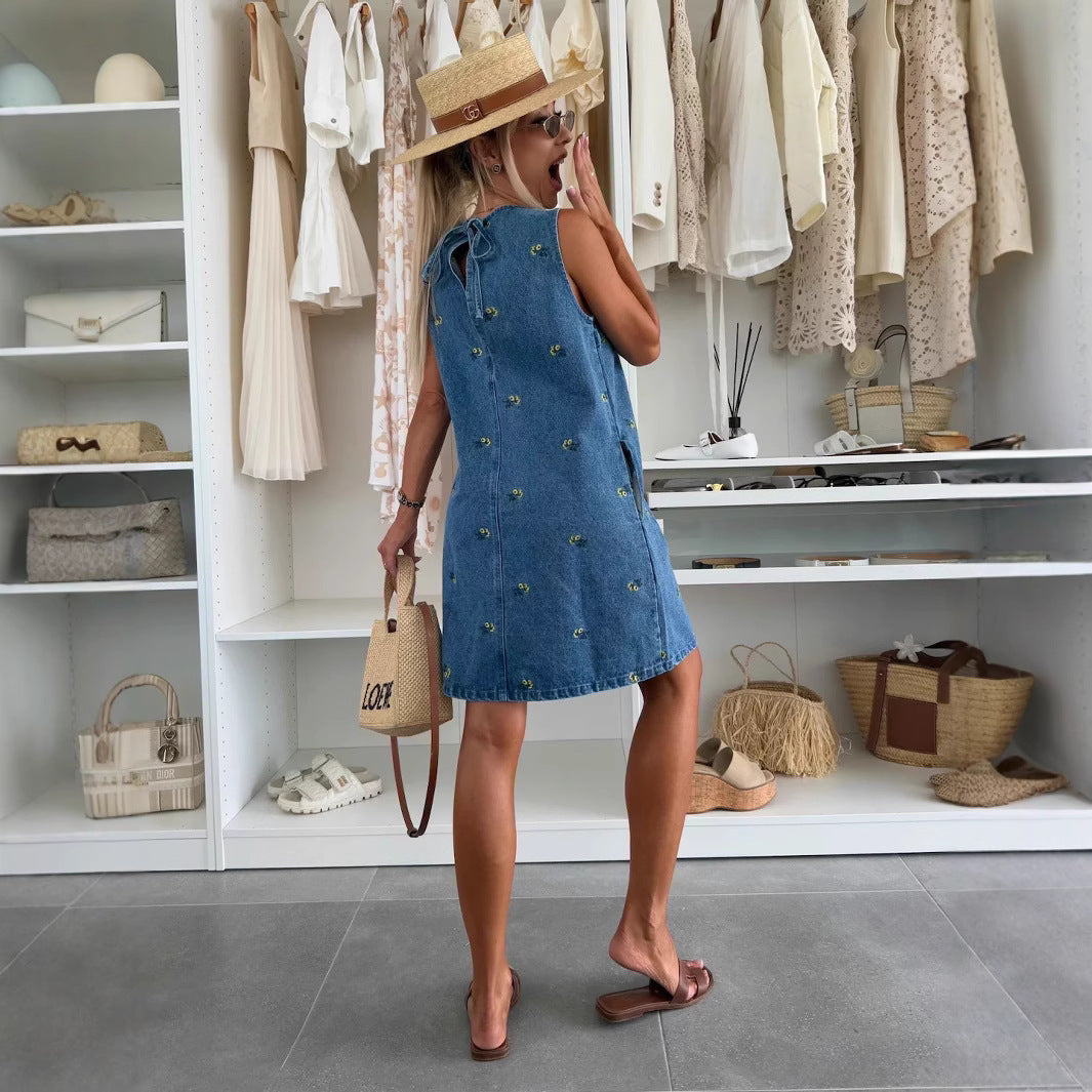 Casual Floral Loose Denim Sleeveless Vest Dress