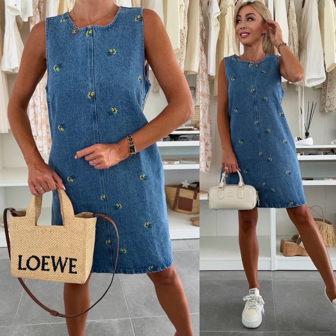 Casual Floral Loose Denim Sleeveless Vest Dress