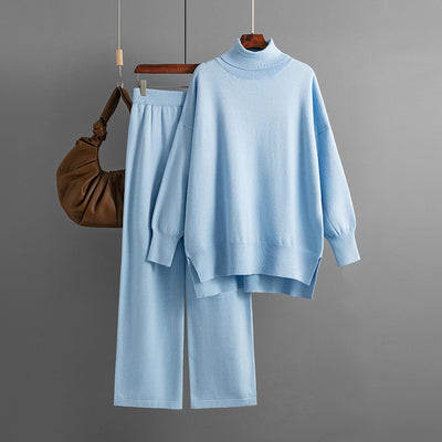 Solid Color Slit Sweater Loose Casual Knitted Two-piece
