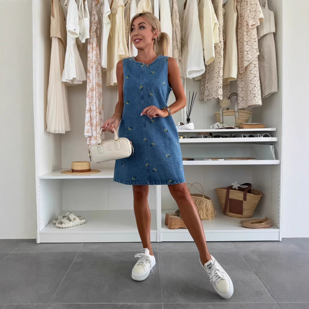 Casual Floral Loose Denim Sleeveless Vest Dress