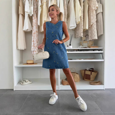 Casual Floral Loose Denim Sleeveless Vest Dress