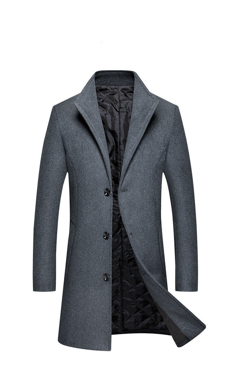 Mid-length Single-breasted Stand-up Collar Woolen Cloth