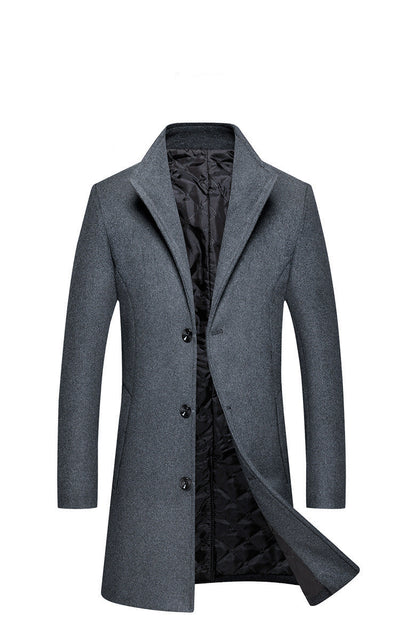Mid-length Single-breasted Stand-up Collar Woolen Cloth