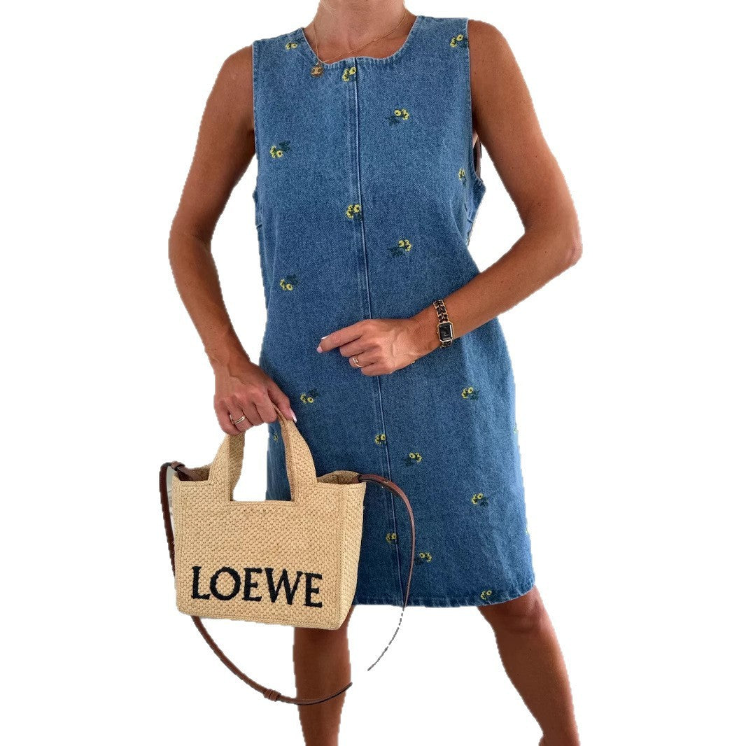 Casual Floral Loose Denim Sleeveless Vest Dress