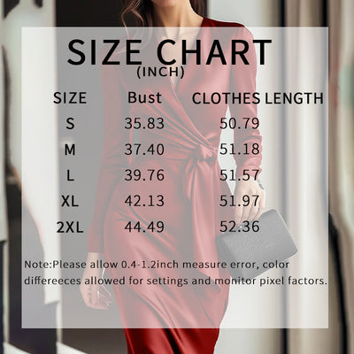 Women's Burgundy Satin Midi Dress Elegant V-Neck Long Sleeve Bodycon Dress With Belted Waist