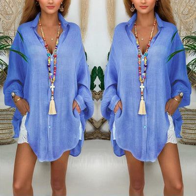 Plus Size Women's Solid Color Notch Lapel Long Sleeve Dress With Button Front Sheer Lightweight Midi Dress For Summer