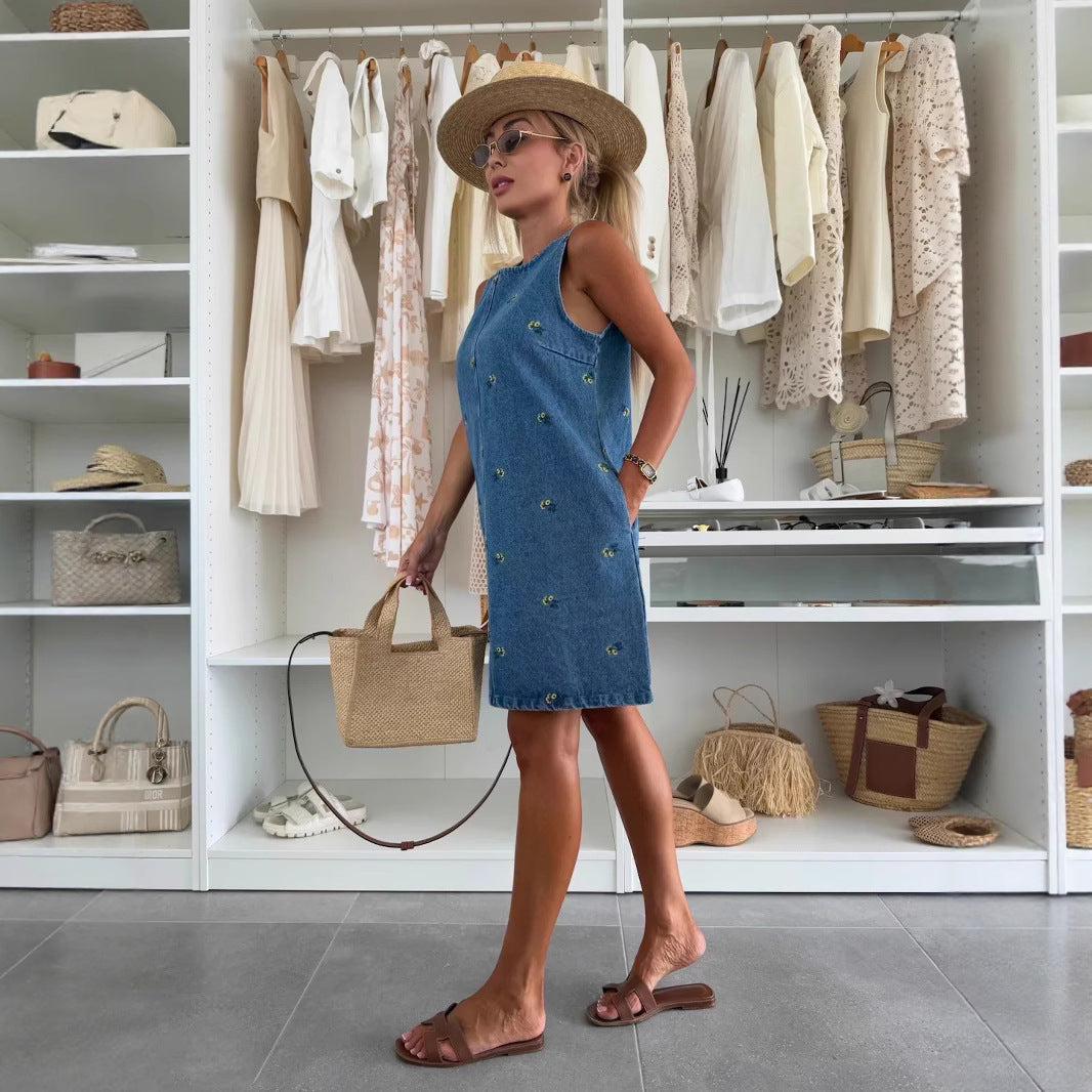 Casual Floral Loose Denim Sleeveless Vest Dress