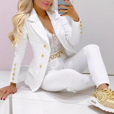 Women's Autumn Winter Solid Color Single Breasted Blazer With High Waist Tapered Pants Casual Suit Set
